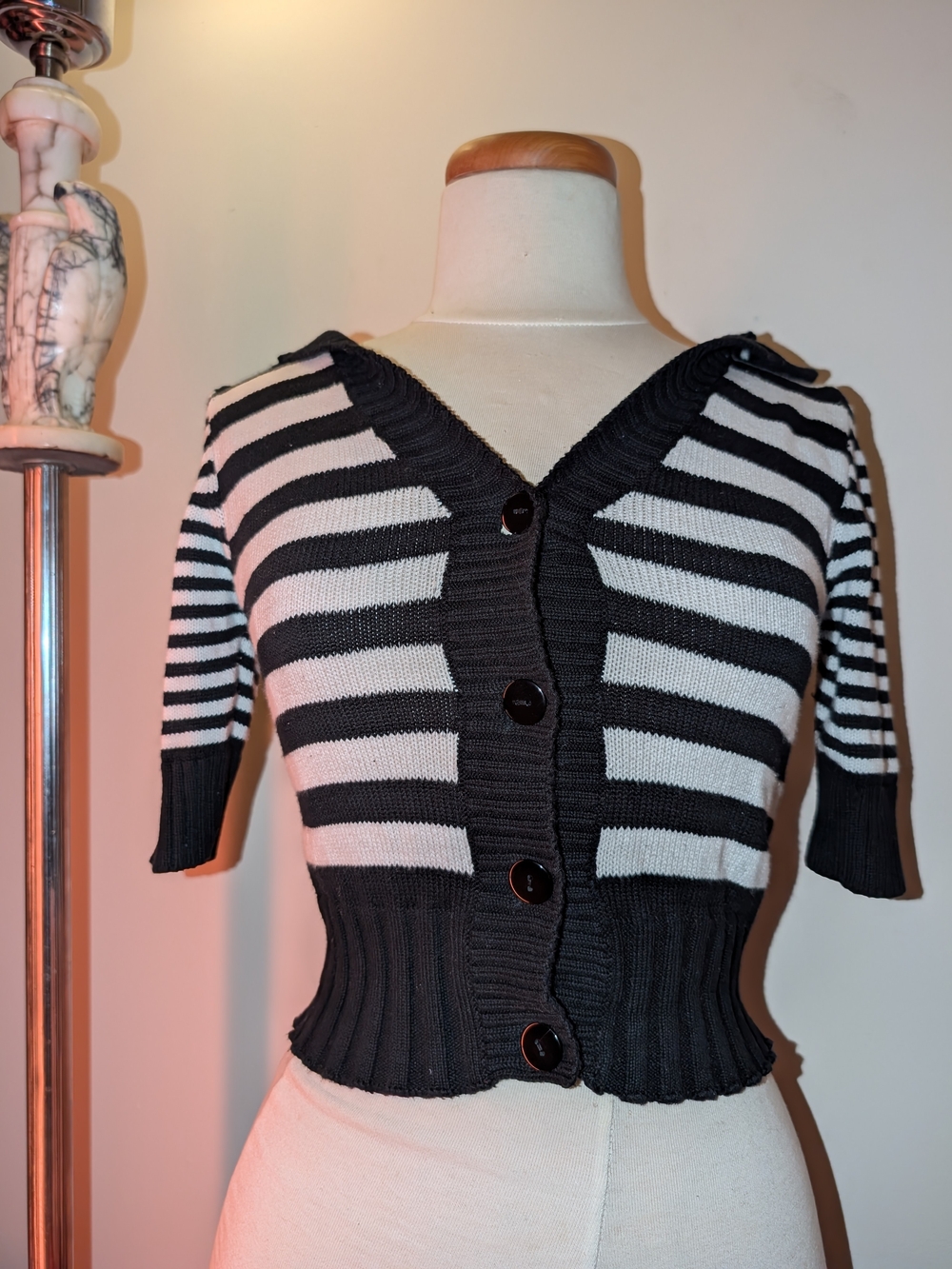 Women’s Black & White Striped V-Neck Button Sweater